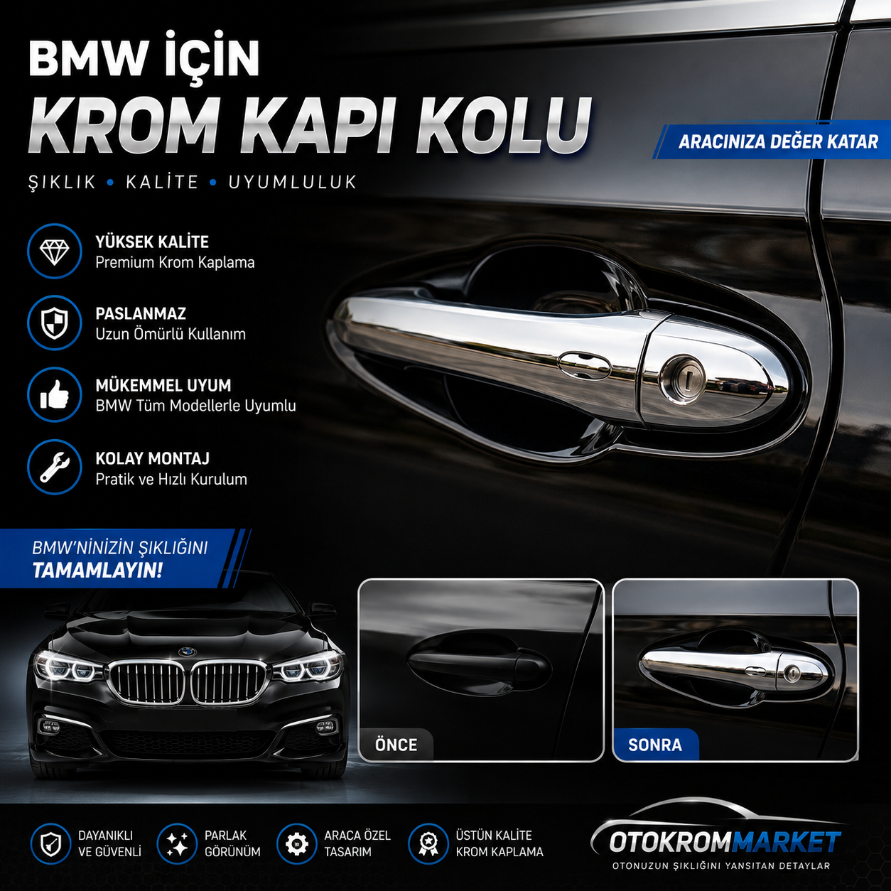 AKTİF OTO KROM Bmw 3 Serisi E46 Uyumlu Kapı Kolu 4 Kapı Krom 1998 - 2003
