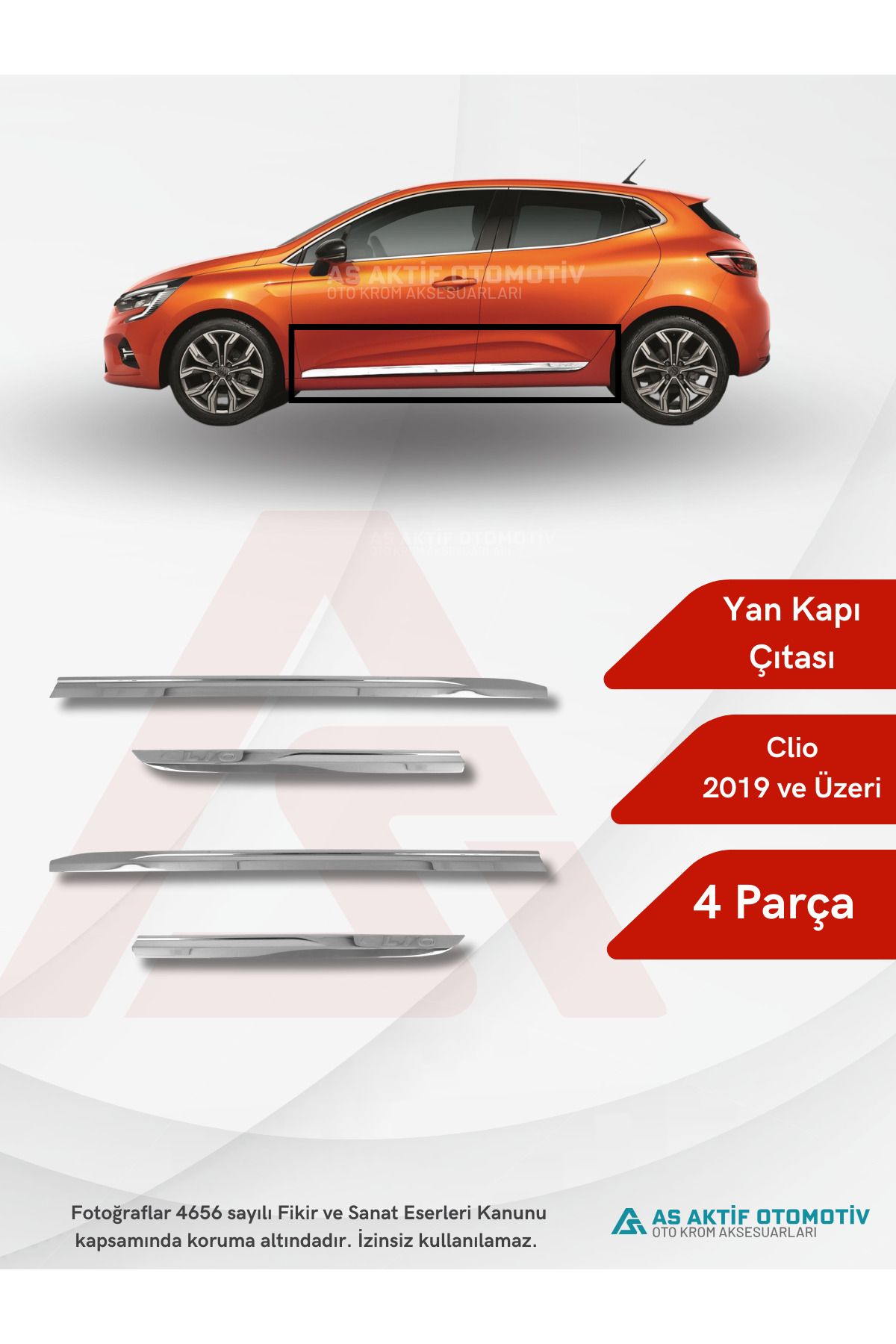 Renault Clio 5 HB 5D Yan Kapı Çıtası 4 Parça 2019 ve Üzeri Krom Paslanmaz Çelik