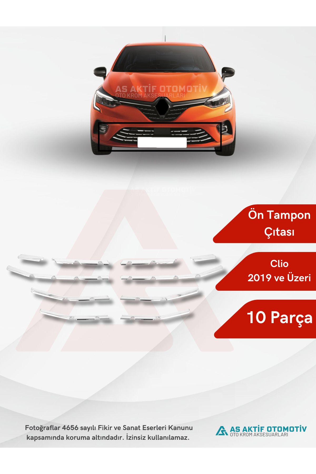 Renault Clio 5 HB 5D Ön Tampon Çıtası 10 Parça 2019 ve Üzeri Krom Paslanmaz Çelik