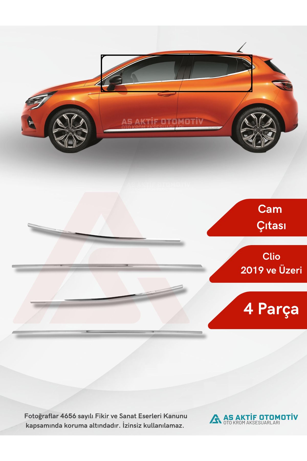 Renault Clio 5 HB 5D Cam Çıtası 4 Parça 2019 ve Üzeri Krom Paslanmaz Çelik
