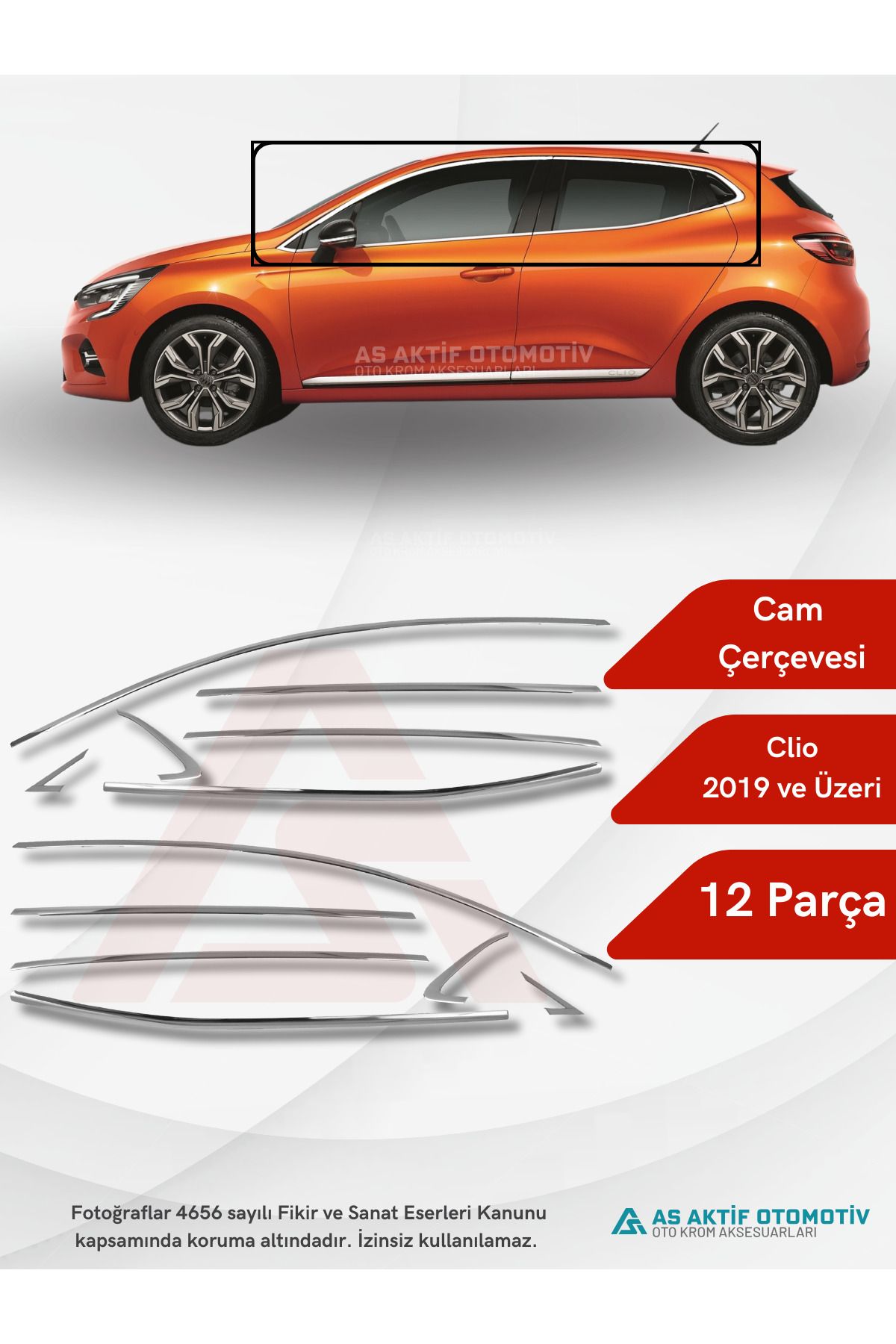Renault Clio 5 HB 5D Cam Çerçevesi 12 Parça 2019 ve Üzeri Krom Paslanmaz Çelik