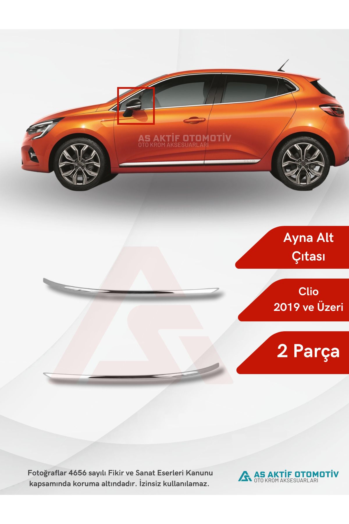 Renault Clio 5 HB 5D Ayna Alt Çıtası 2 Parça 2019 ve Üzeri Krom Paslanmaz Çelik