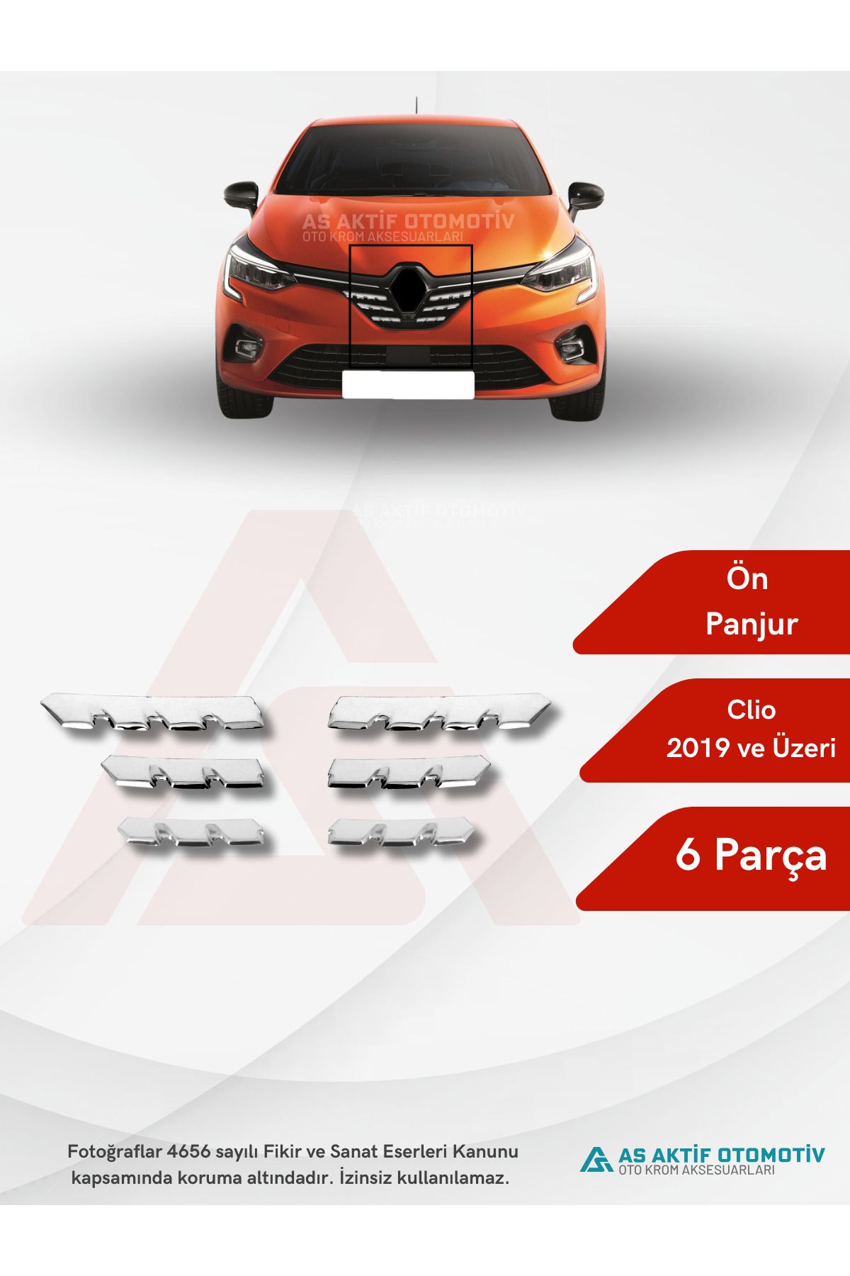 Renault Clio 5 HB 5D Ön Panjur 6 Parça 2019 ve Üzeri Krom Paslanmaz Çelik