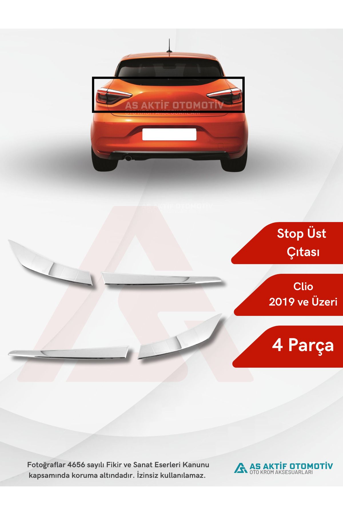 Renault Clio 5 HB 5D Stop Üst Çıtası 4 Parça 2019 ve Üzeri Krom Paslanmaz Çelik