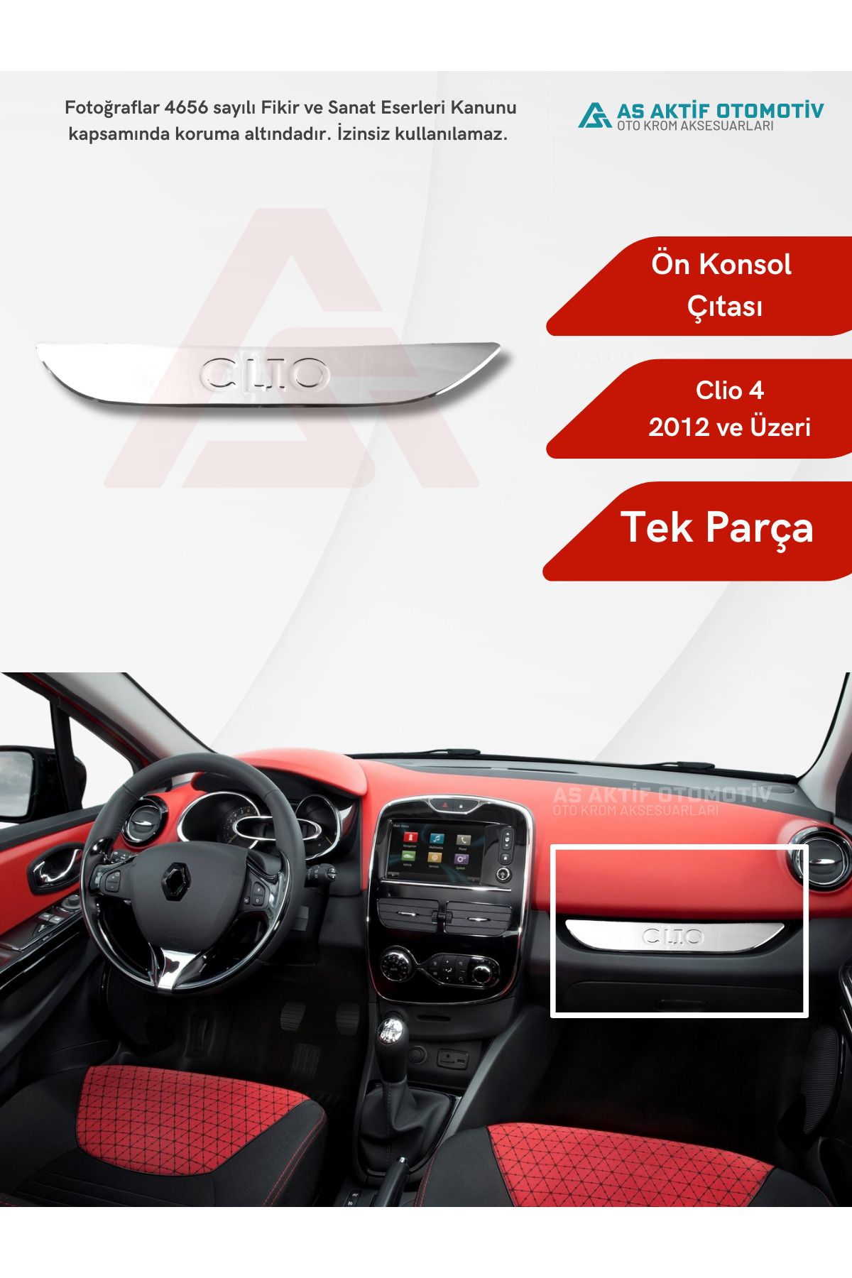 Renault Clio 4 HB 5D/SW Ön Konsol Çıtası 2012 ve Üzeri Krom Paslanmaz Çelik