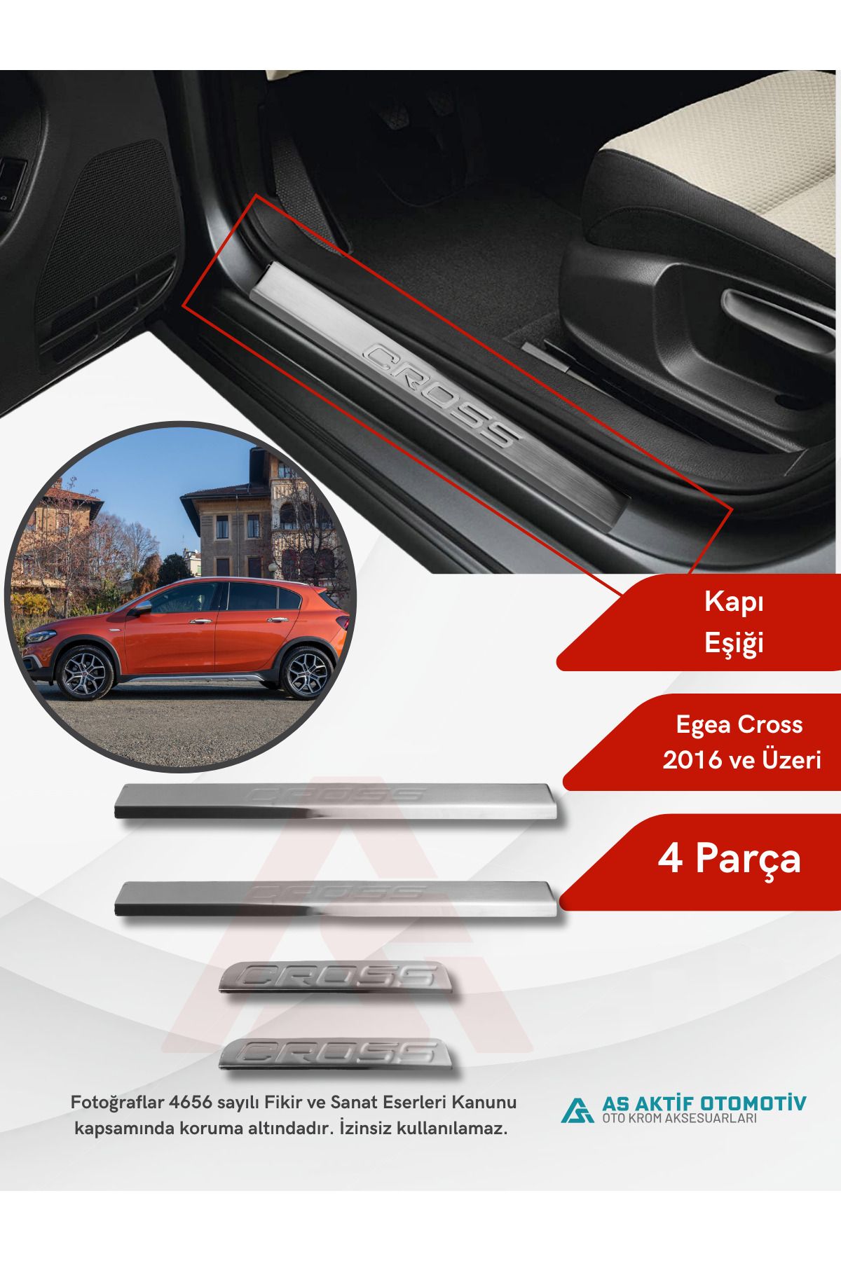 Fiat Egea HB-Cross Uyumlu Kapı Eşiği 4 Parça 2016 ve Üzeri Krom Paslanmaz Çelik