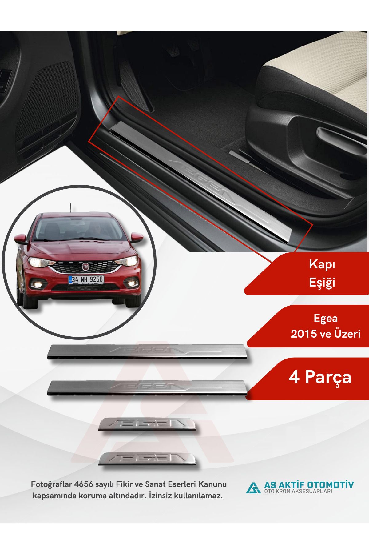 Fiat Egea SD/HB/SW Kapı Eşiği 4 Parça 2015 ve Üzeri Krom Paslanmaz Çelik