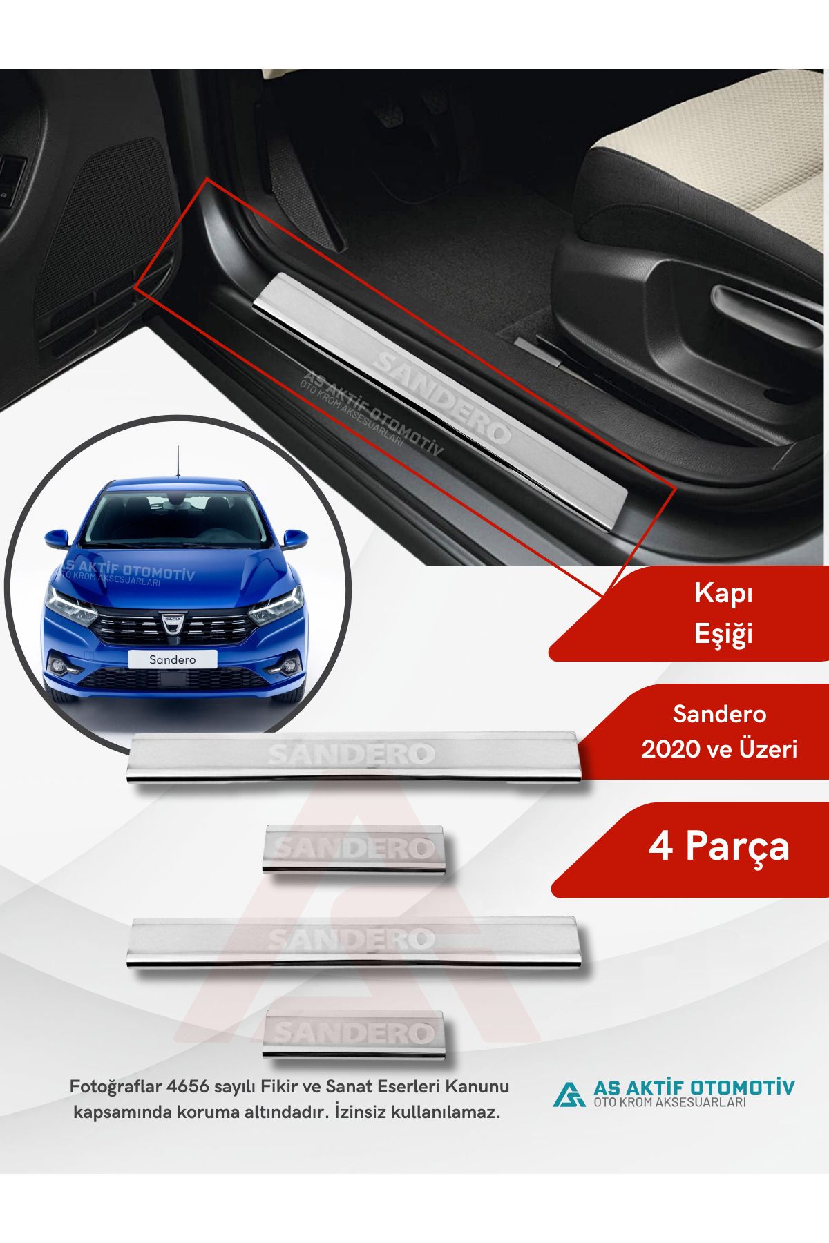 Dacia Sandero - 3 HB 5D Kapı Eşiği 4 Parça 2020 ve Üzeri Krom Paslanmaz Çelik