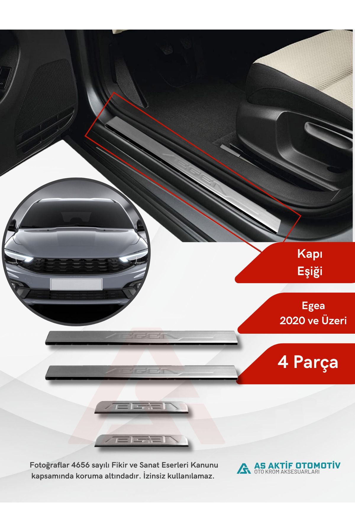 Fiat Egea SD/HB/SW Kapı Eşiği 4 Parça 2020 ve Üzeri Krom Paslanmaz Çelik