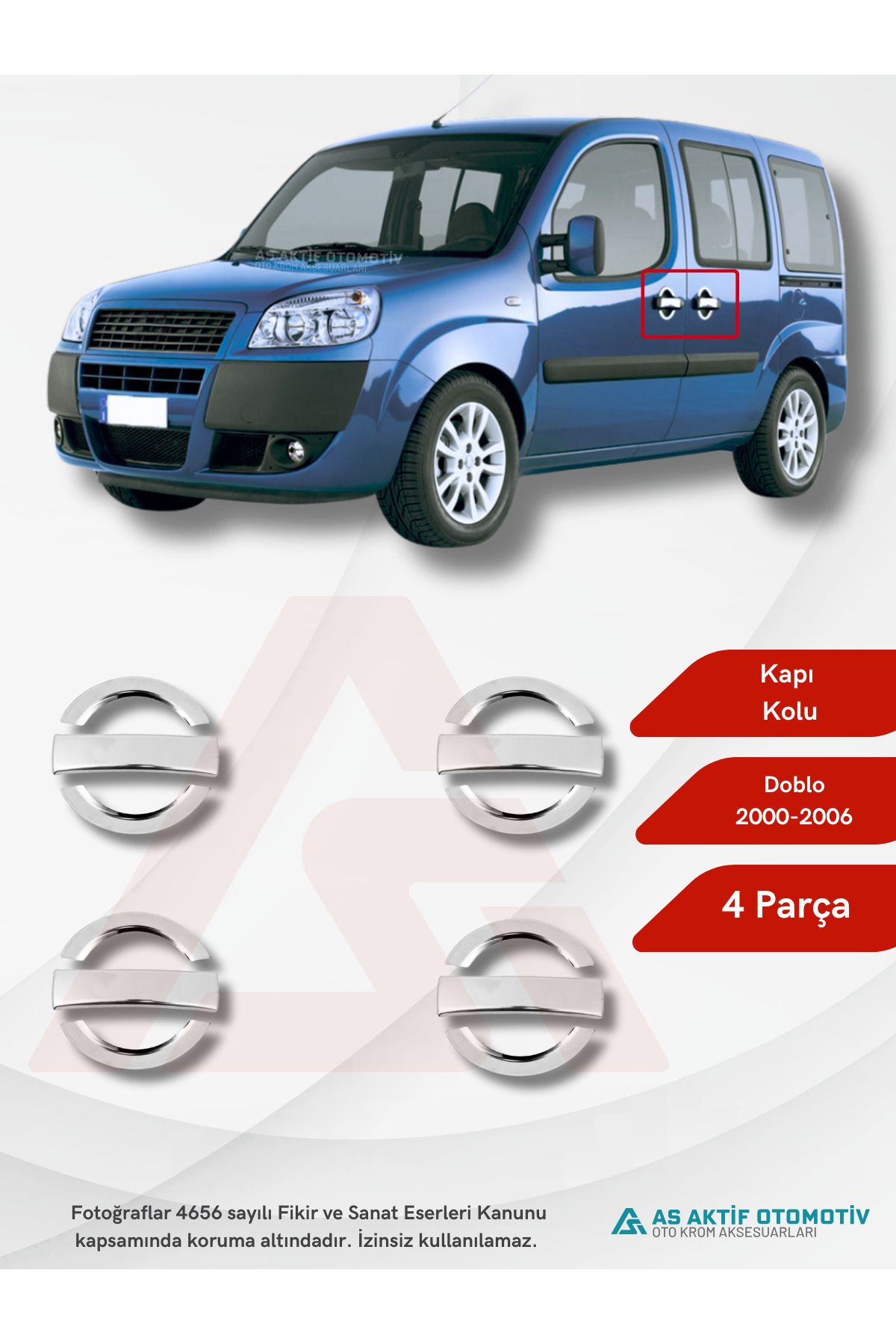 Fiat Doblo-2 Panel Van/Lav Kapı Kolu Çerçevesi 4 Parça 2010 ve Üzeri Krom Paslanmaz Çelik