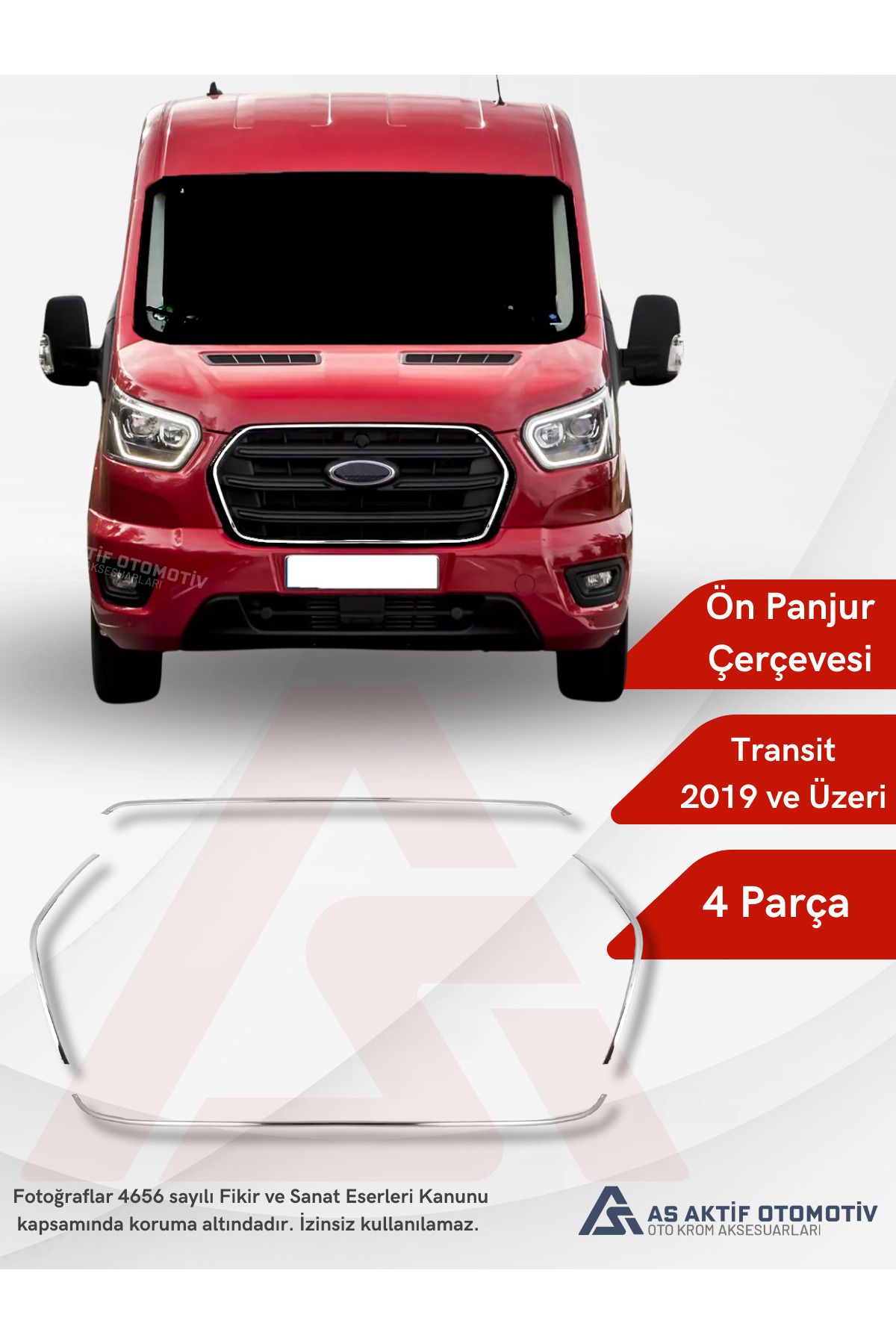 Transit Van Ön Panjur Çerçevesi (İnce) 4 Parça 2019 ve Üzeri Krom Paslanmaz Çelik