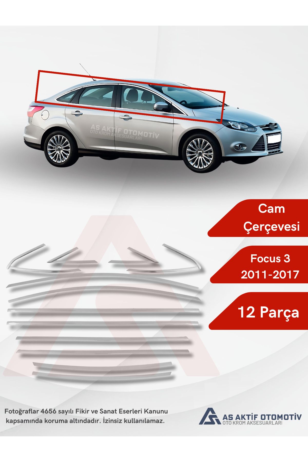 Focus 3 SD Cam Çerçevesi 12 Parça 2011-2017 Krom Paslanmaz Çelik