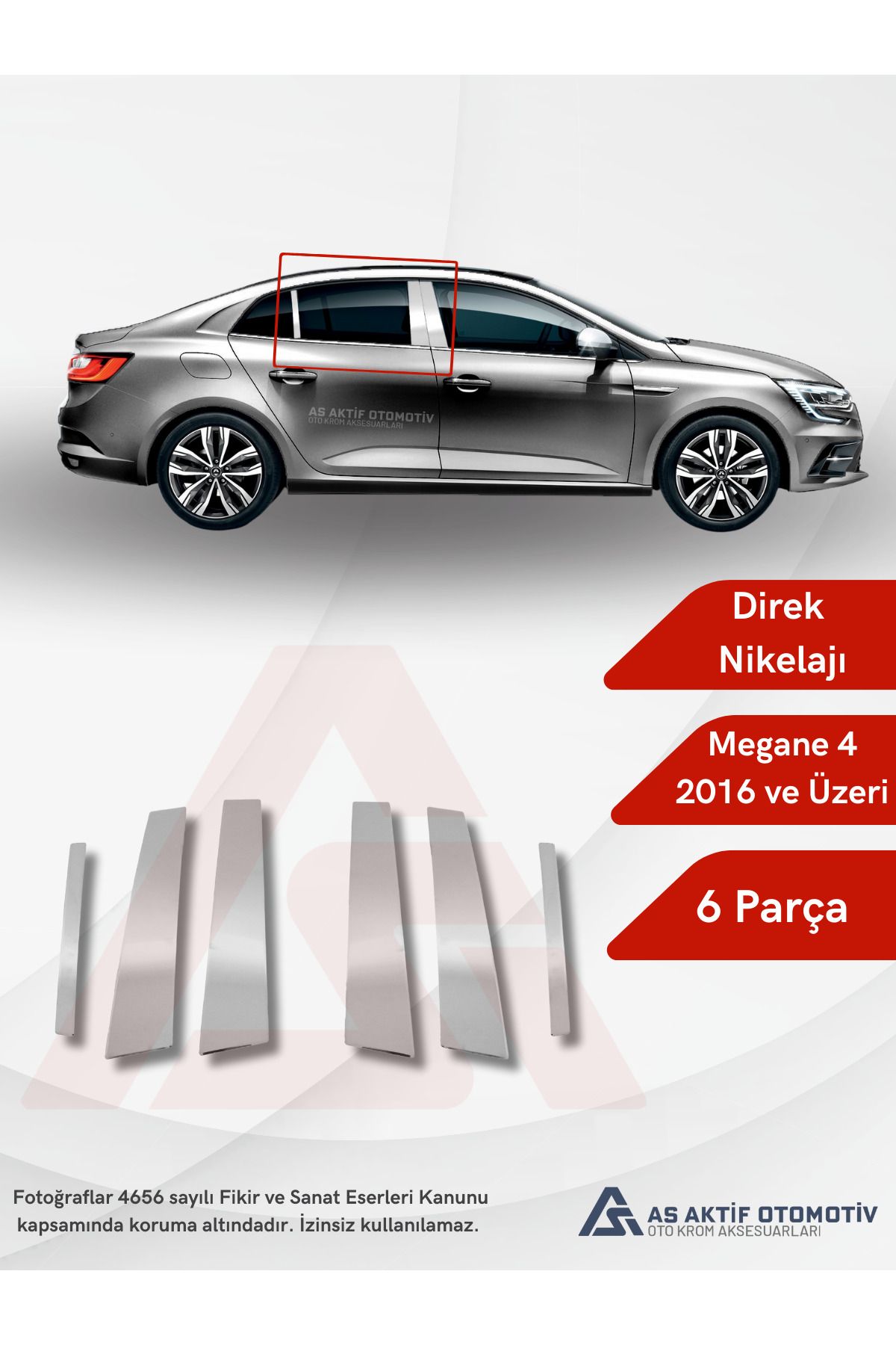 Renault Megane 4 HB 5D/SD Direk Nikelajı 6 Parça 2016 ve Üzeri Krom Paslanmaz Çelik