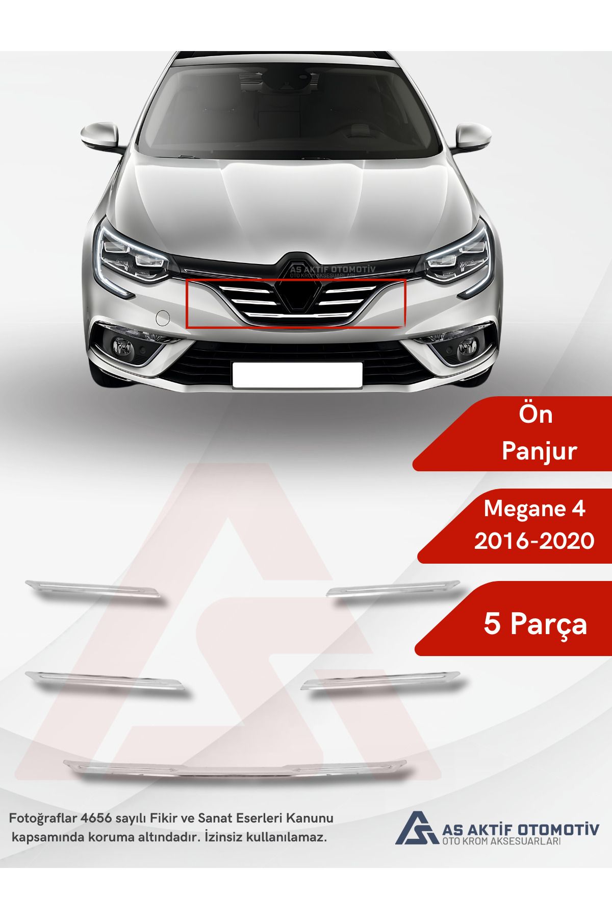 Renault Megane 4 HB 5D/SD Ön Panjur 5 Parça 2016 ve Üzeri Krom Paslanmaz Çelik