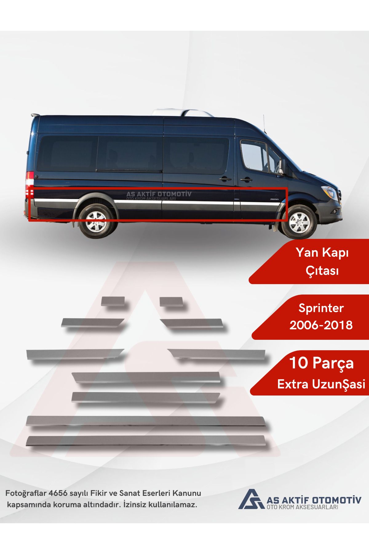 Mercedes Sprinter Van Yan Kapı Çıtası Uzun Şasi 10 Parça 2006 ve Üzeri Krom Paslanmaz Çelik