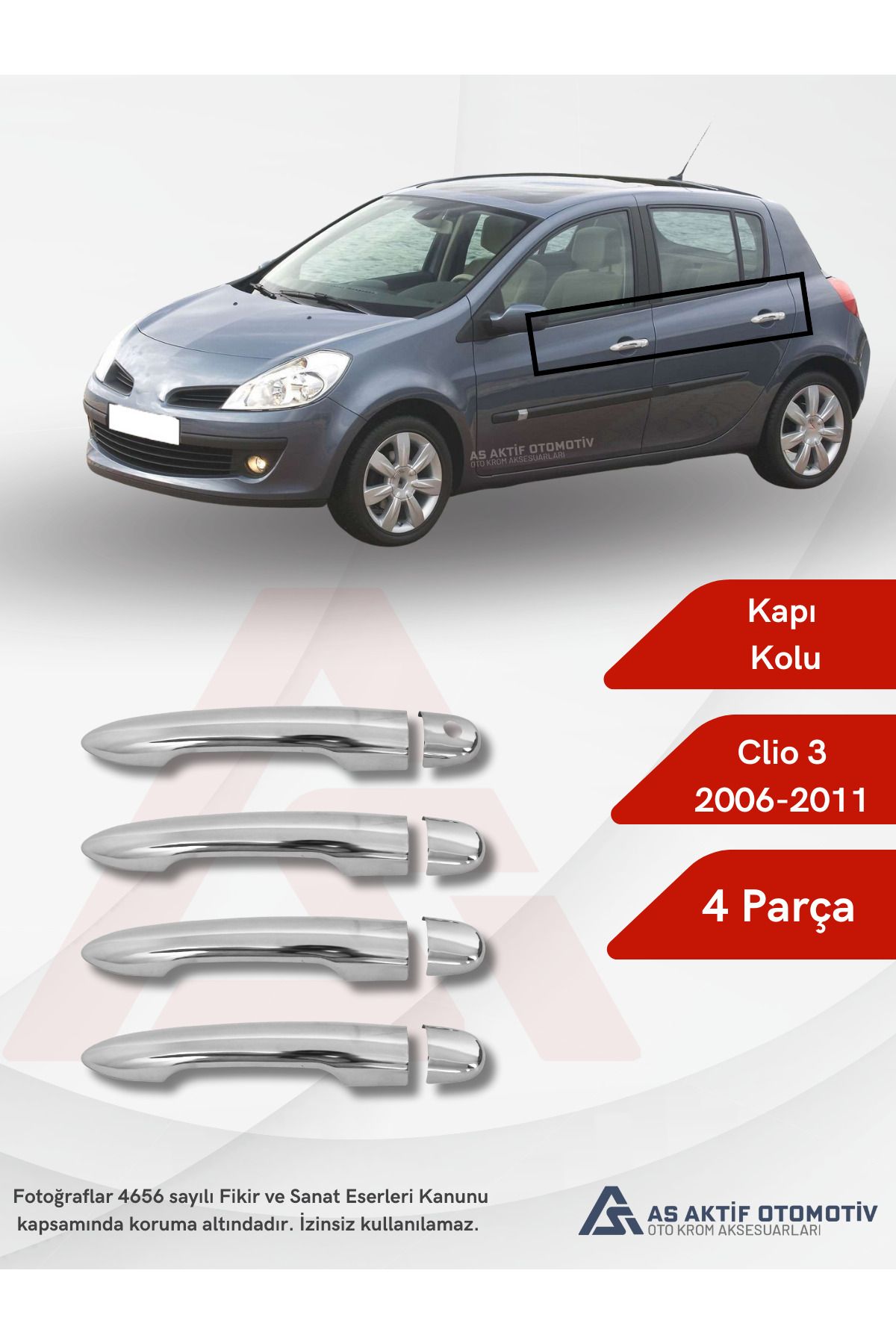 Renault Clio 3 HB 5D/SW Kapı Kolu (4 Kapı) 4 Parça 2006-2011 Krom Paslanmaz Çelik