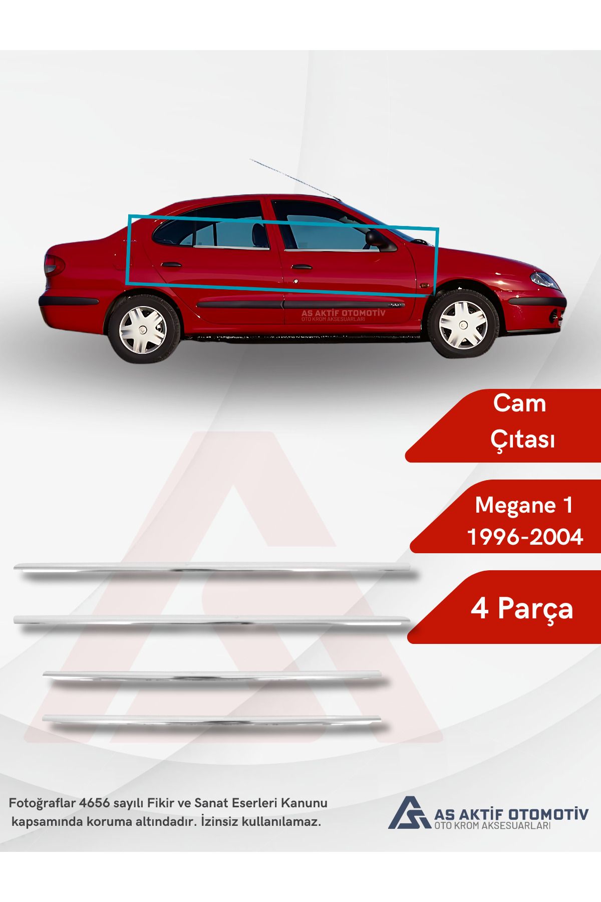 Renault Megane 1 HB 5D/SD Cam Çıtası 4 Parça 1996-2004 Krom Paslanmaz Çelik