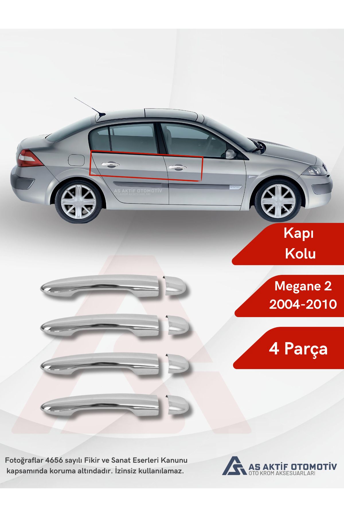 Renault Megane 2 HB 5D/SD/SW Kapı Kolu 4 Parça 2004-2010 Krom Paslanmaz Çelik